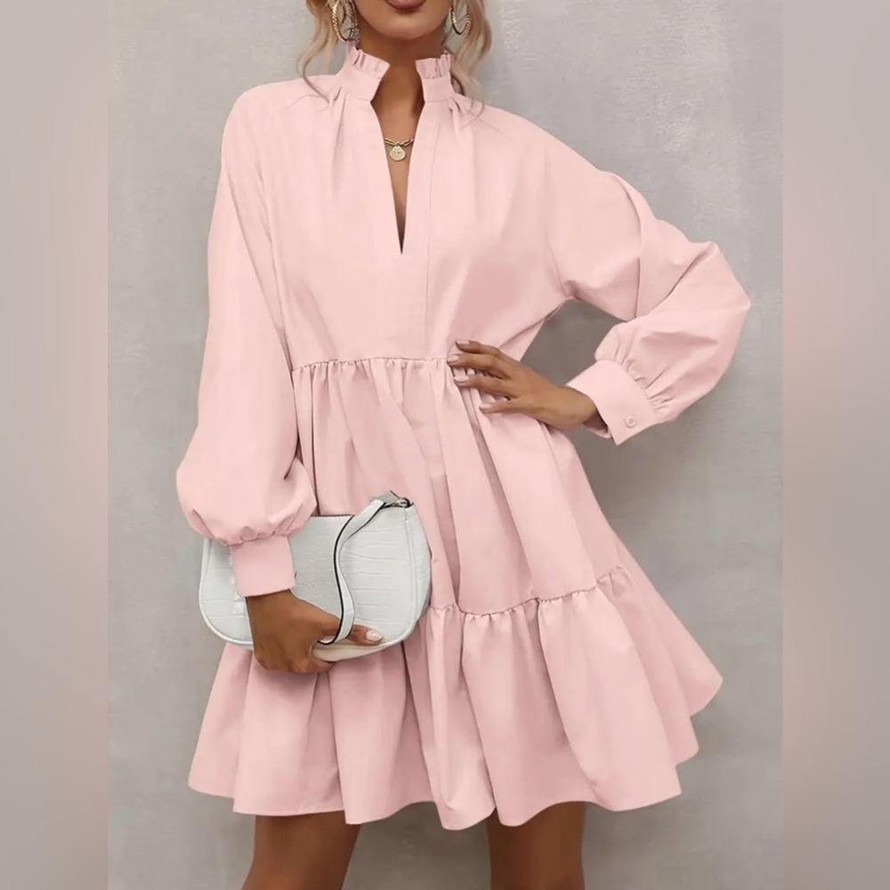 Pink Long-Sleeve Tiered Dress